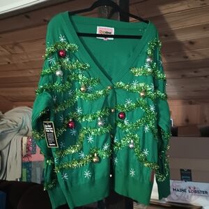 Tipsy Elves Festive Green Cardigan with Ornaments